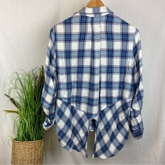 Sam Edelman Blue & White Plaid Gingham Long Sleeve Button Up Zip Shoulder Top S - Picture 3 of 7